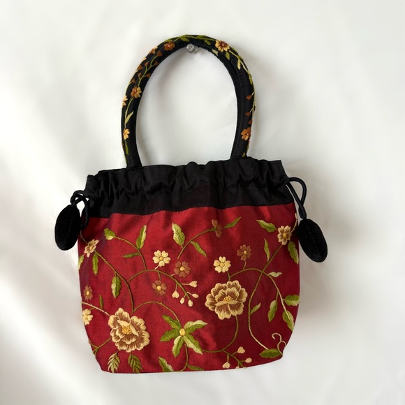 Vintage Handbags - Vintage embroidered mini purse bag oriental boho indie red black